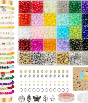 Sistenia 6mm Glass Beads Bracelet Making Kit 1400pcs, 24 Colors Crystal Beads for Jewelry Making Round Beads DIY Crafts with Spacer Beads Charms Accessories