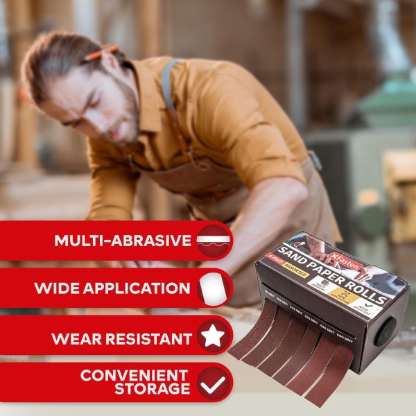 XFasten 6 Grits Sandpaper Assortment Rolls 80 150 240 320 400 600 Grit Abrasive Sand Paper Roll Set Compact Multi Roll Sandpaper Dispenser Sanding Cloth for Wood, Sand Cloth 6m (118 Feet Total) - Image 2